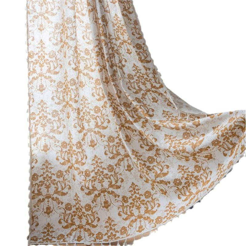 Mustard Damask Printed Curtains - Khaki European Floral Ready-Made Drapes with Tassel Trim | Semi-Sheer Kitchen Valance & Bay Window Light Filtering