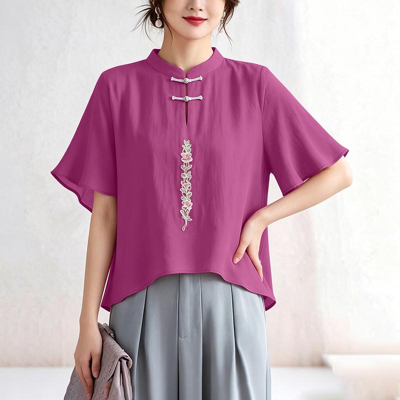 ZANZEA Women Stand Collar Casual 3/4 Sleeve Embroidery Print Loose Blouse S
