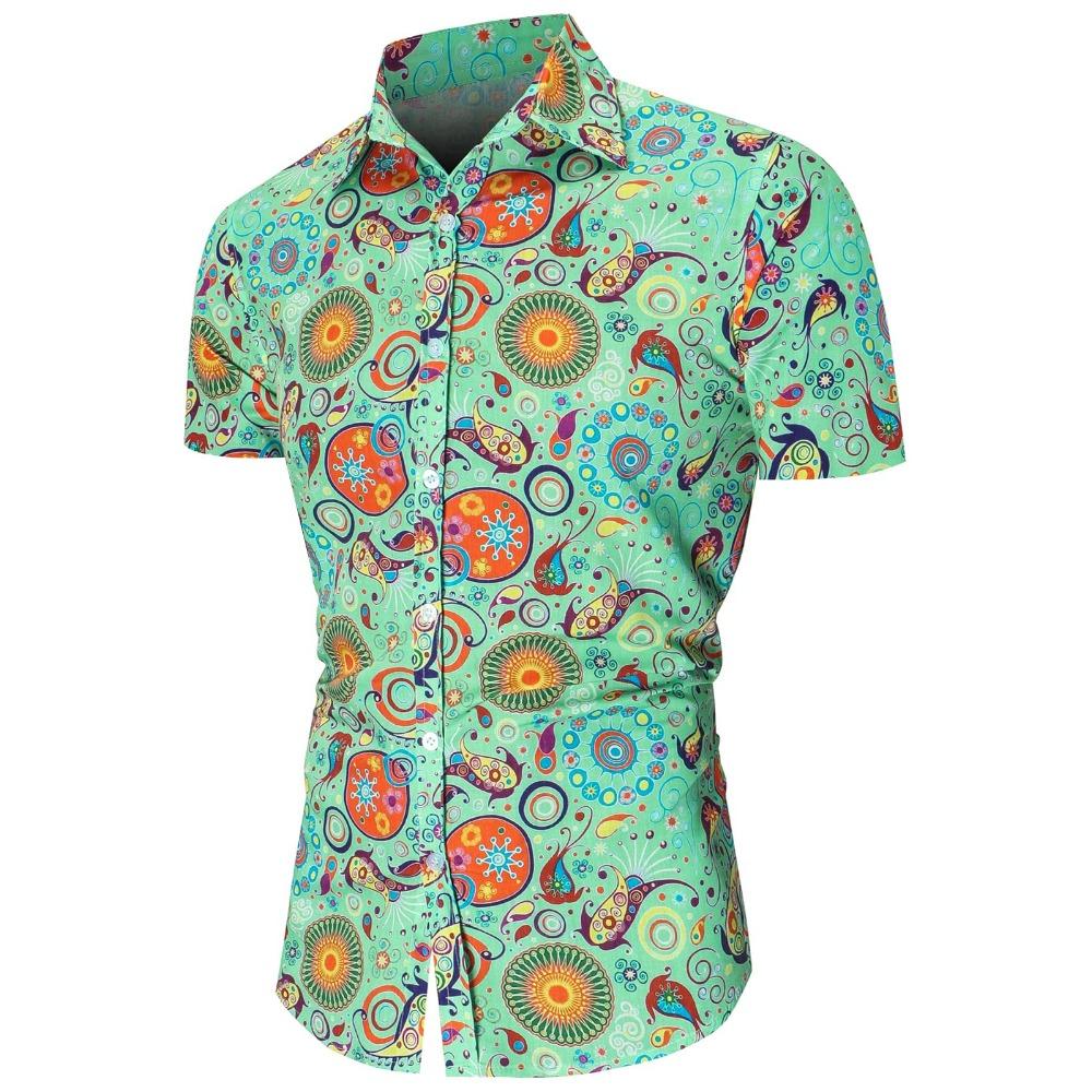 Spring New Mens 70s Disco Party Shirts Casual Paisley Button Down Shirt Vintage Floral Hawaiian Beach Short Sleeve Lapel Shirt