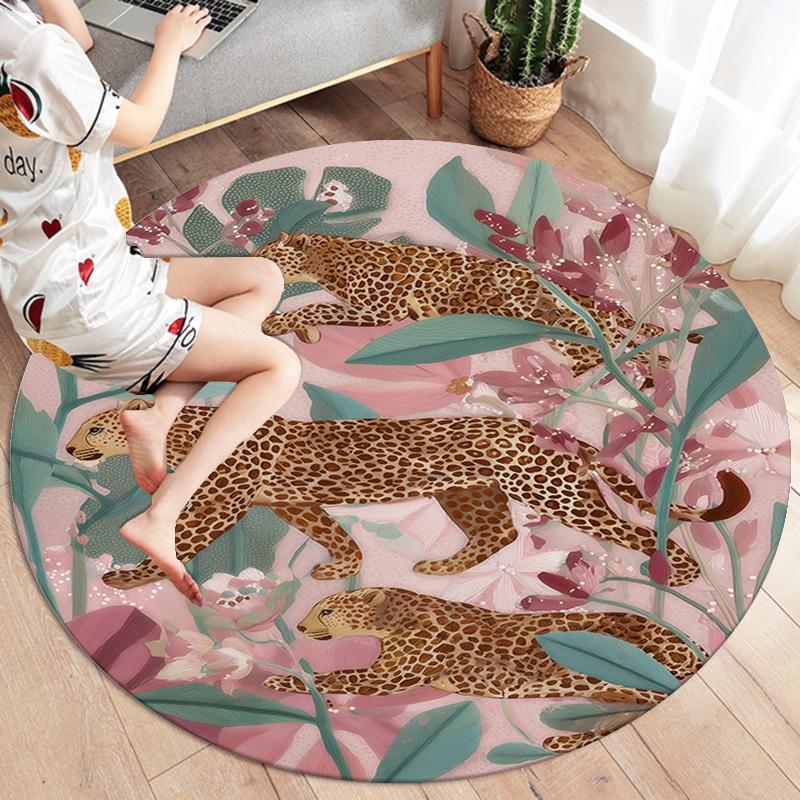 Roses and Tigers, Leopards Round Area Rug,Carpet Rug for Living Room Bedroom Sofa Playroom Decor,Non-slip Floor Mat
