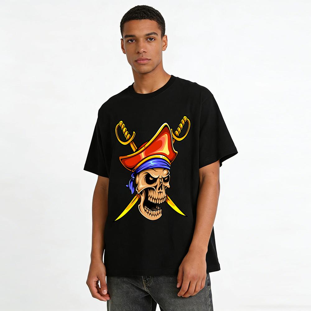 Vintage Pirate Skull Crossed Swords Print Trendy Casual Streetwear Tee Pure cotton T-shirt