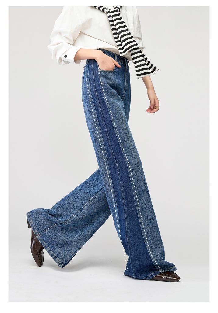 Extended wide leg jeans for women, Lyocell collision loose flesh blocking straight leg pants