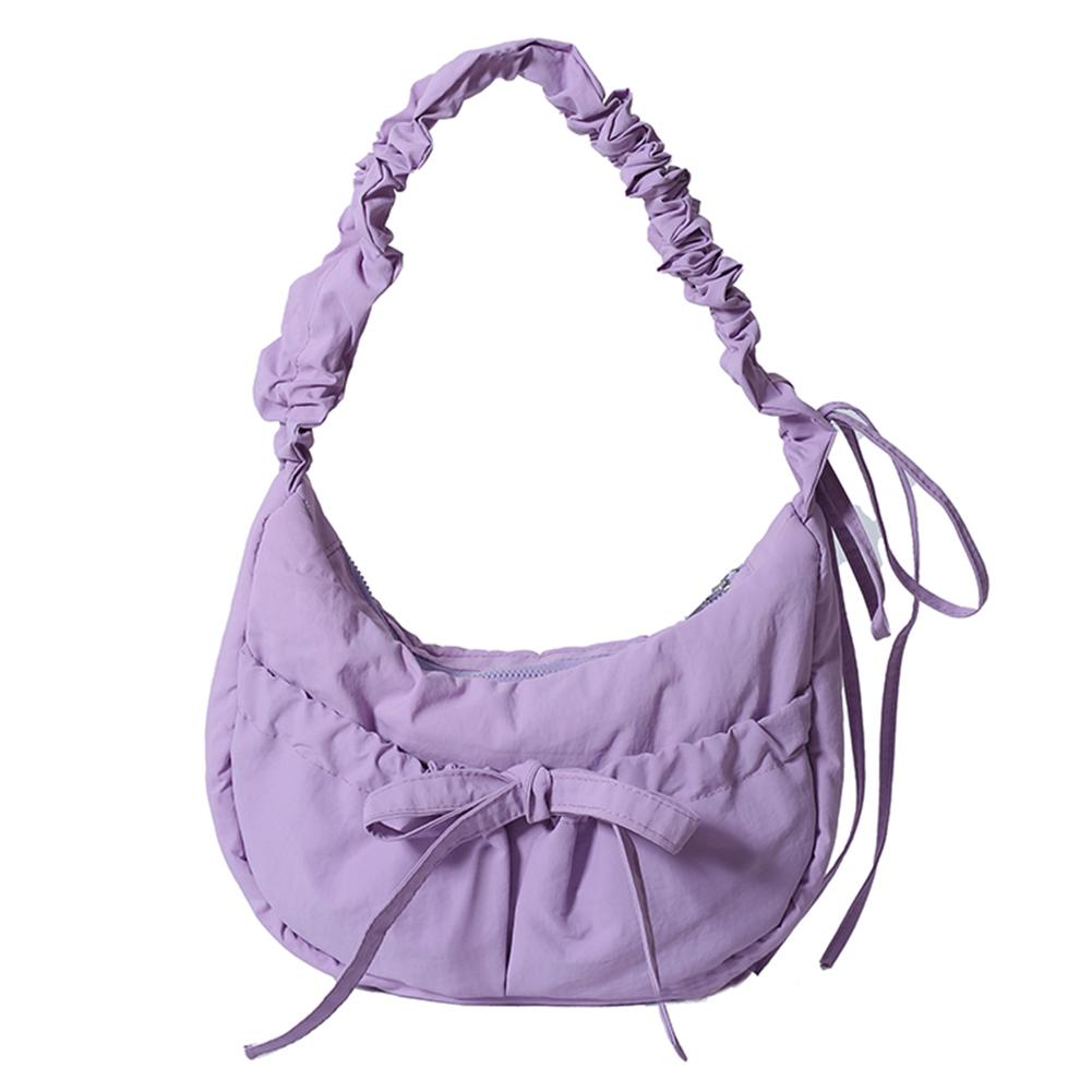 Women Casual Underarm Bag with Ruched Drawstring Strap Bow Leisure Satchel Bag Solid Color Cute Sling Bag Female Daily Handbag