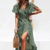 Summer Beach Maxi Dress Women Floral Print Boho Long Chiffon Dress Ruffles Wrap Casual V-Neck Split Sexy Party Dress Robe Femme