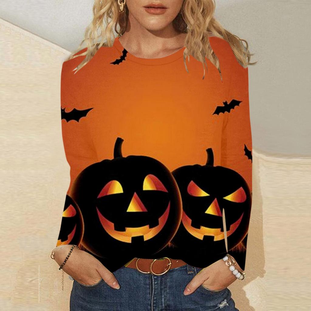 Dames avslappet mote Halloween-trykk langermet genser T-skjorte topp