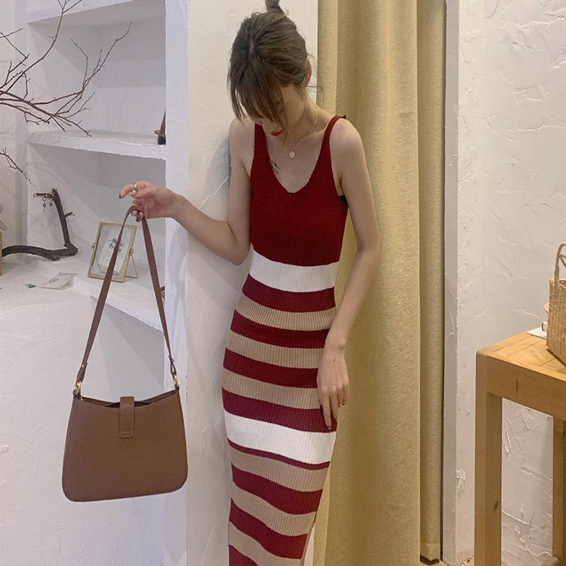2025 Autumn/Winter Korean Retro Hyuna Two-Piece: V-Neck Sweater + Striped Skirt Dress