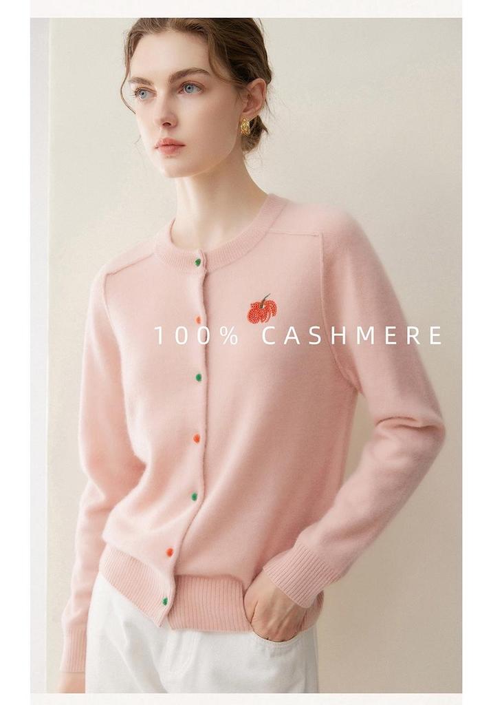Women's 100% Pure Cashmere Cardigan with Colored Buttons, Round Neck, and Fruit Embroidery.