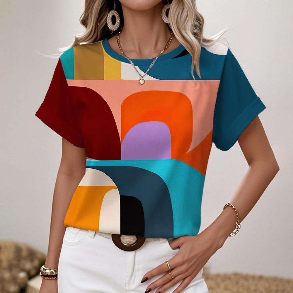 Women's Round Neck T-shirt Summer Outdoor Fashion Short-sleeved Tops Oversize Loose Ladies Clothing Flower Printing Trend Style