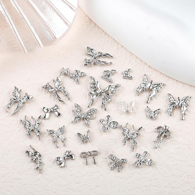 20Pcs Silver Alloy Butterfly Nail Art Bow Charms Accessories Parts For Manicure Doecr Retro Nails Decoration Design Supplies