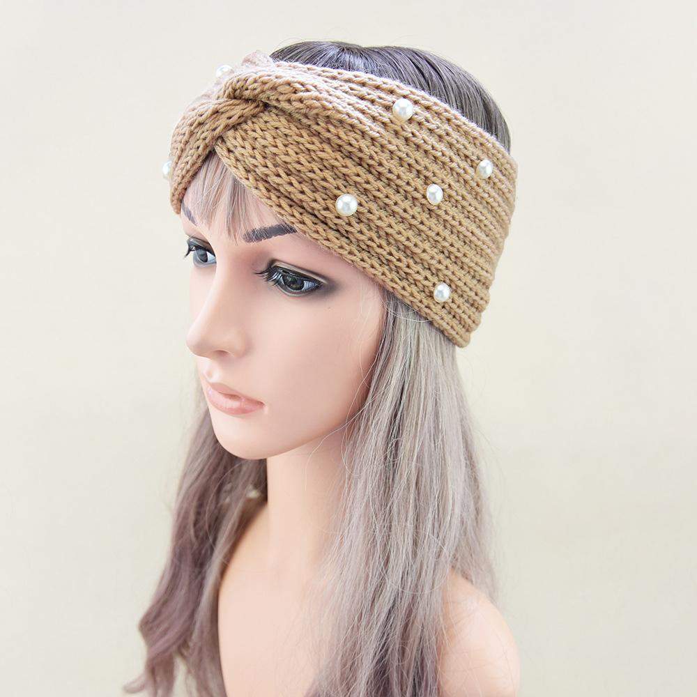 Women Wide Knitted Cross Pearl Headbands Autumn Winter New Warm Solid Hair Bands Ear Warmer Girls Elastic Sports Turban Headwrap