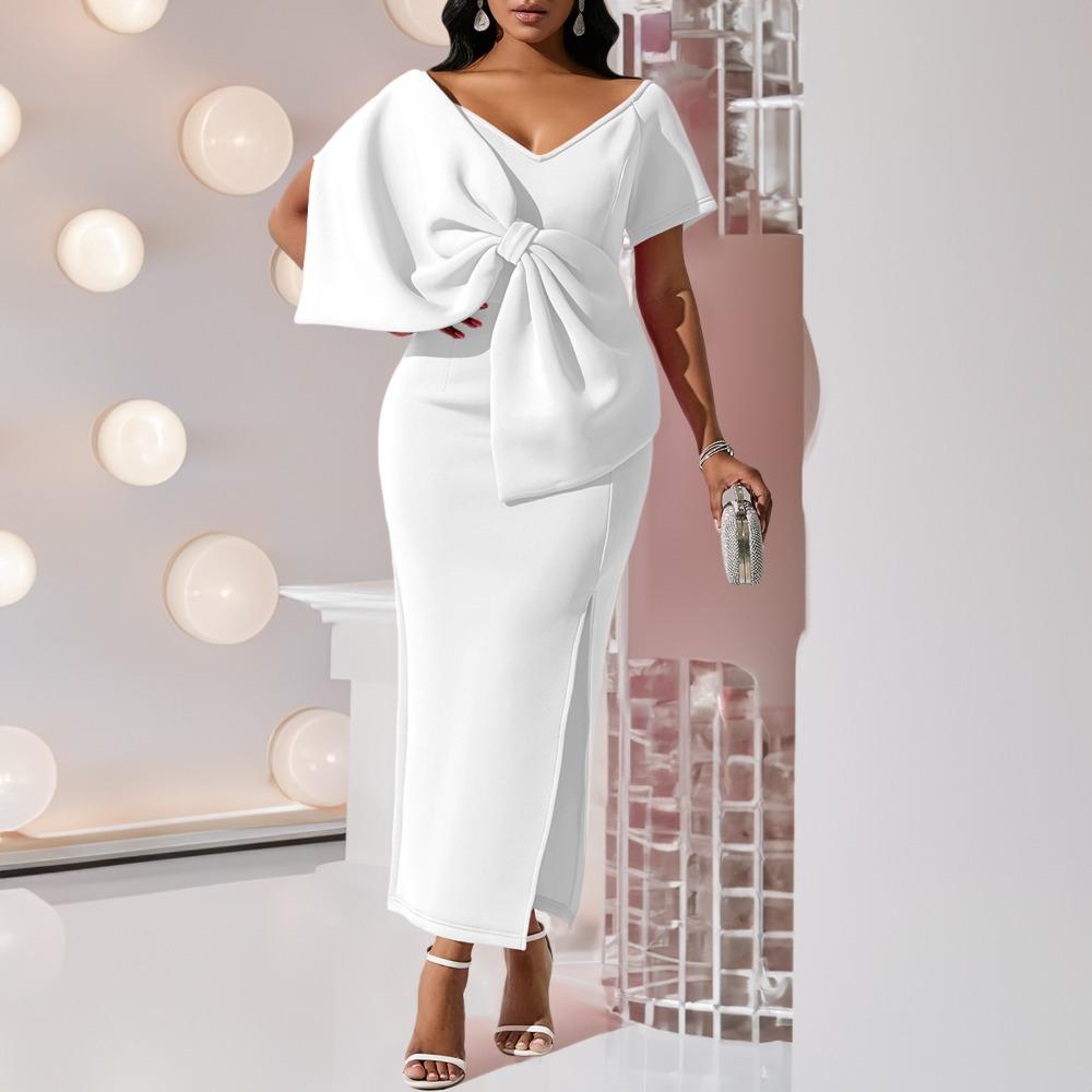 Women's V Neck Short Sleeve Maxi Dress Slim Fit High Waist Elegant Solid Color Big Bow Side Slit Bodycon Dress Party Formal Dress
