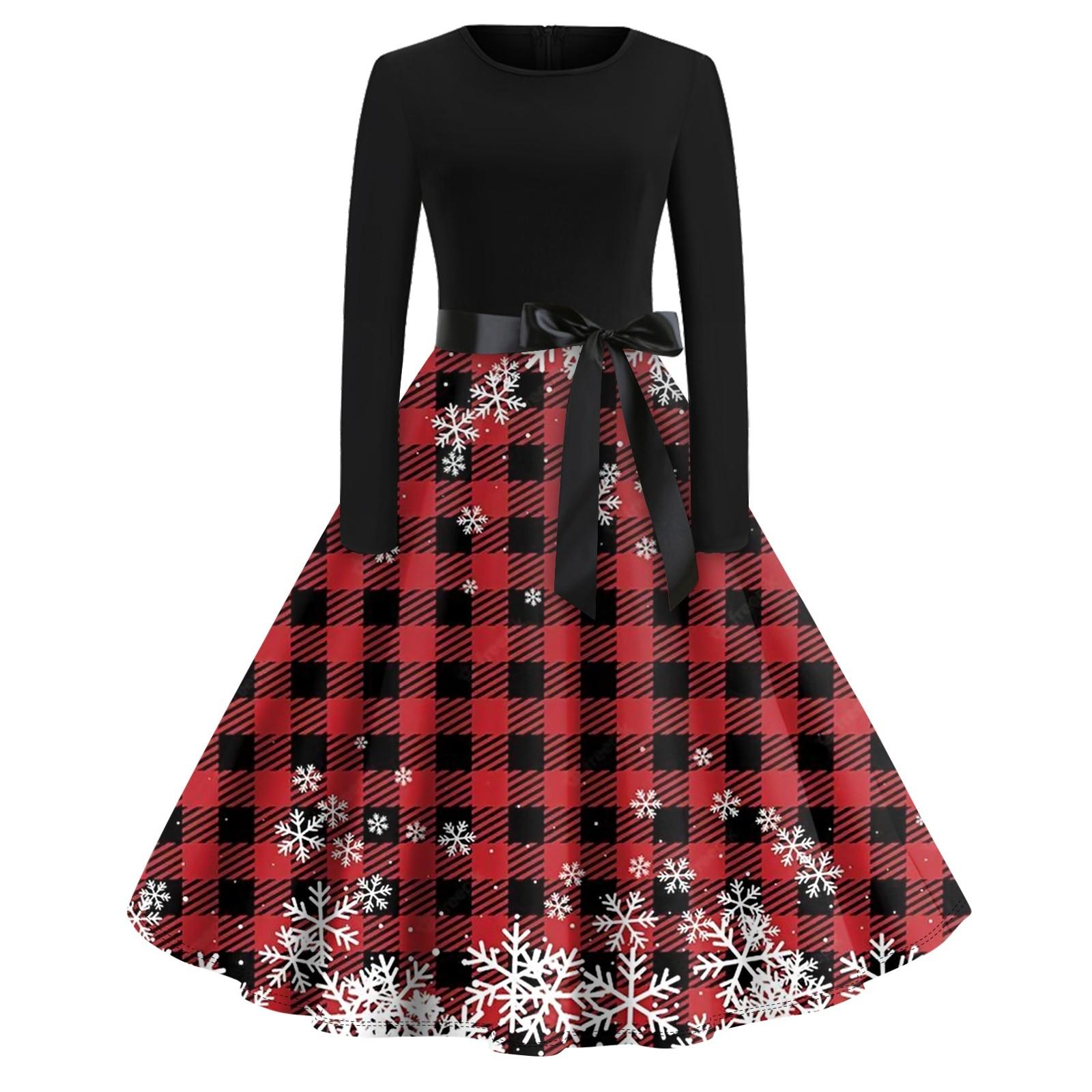 

Рождественское платье с расклешенным принтом для женщин, платье с круглым вырезом и длинными рукавами, повседневные платья S киноварь