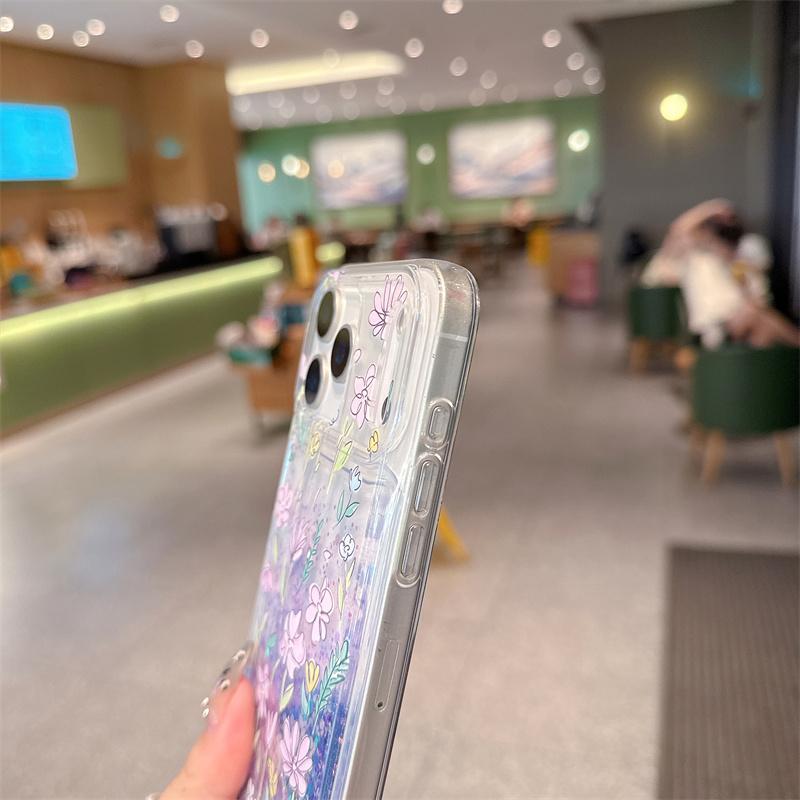 Grass Flowers Glitter Quicksand Case for iPhone 15 16 17 Pro Max Luminous Purple Moving Sand Glossy Liquid Cover Phone Fundas
