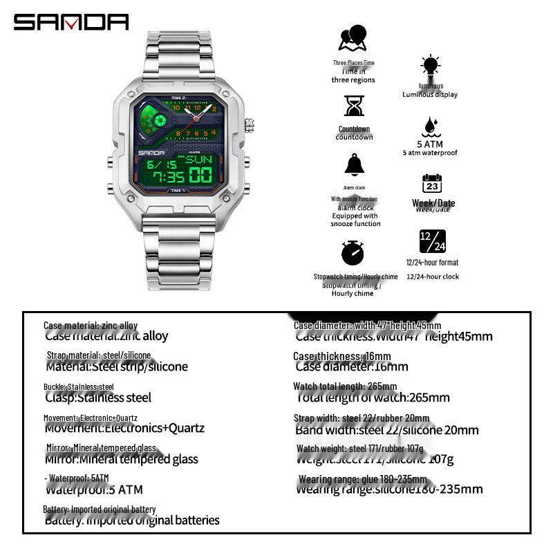 SANDA Men's Luxury Quartz Watch - Steel Band, Waterproof, Three-Time Zone, Versatile for Casual and Workplace Wear.