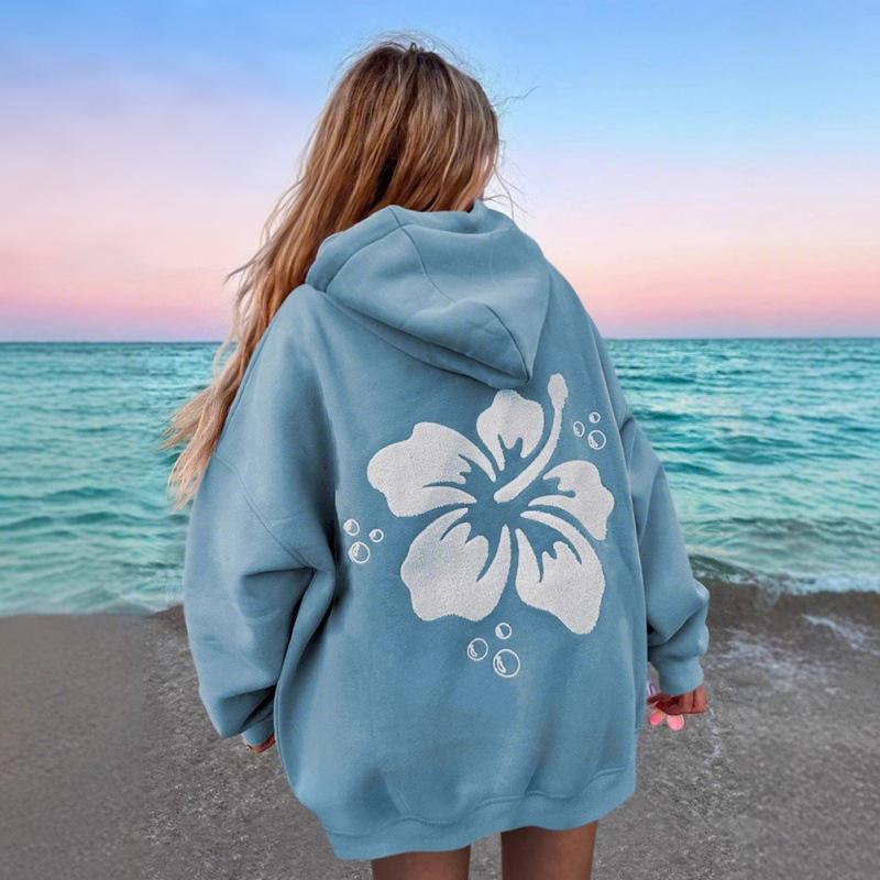 Ladies Spring Autumn Casual Hooded Drawstring Long Sleeve Big Pocket Flower Printed Pullover Hoodies Sweatshirt Top