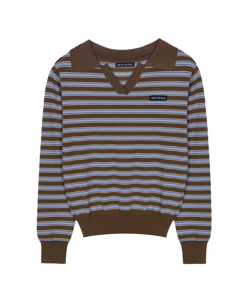 Nigaennikol Multi Stripe V-Neck Collar Knit_Brown