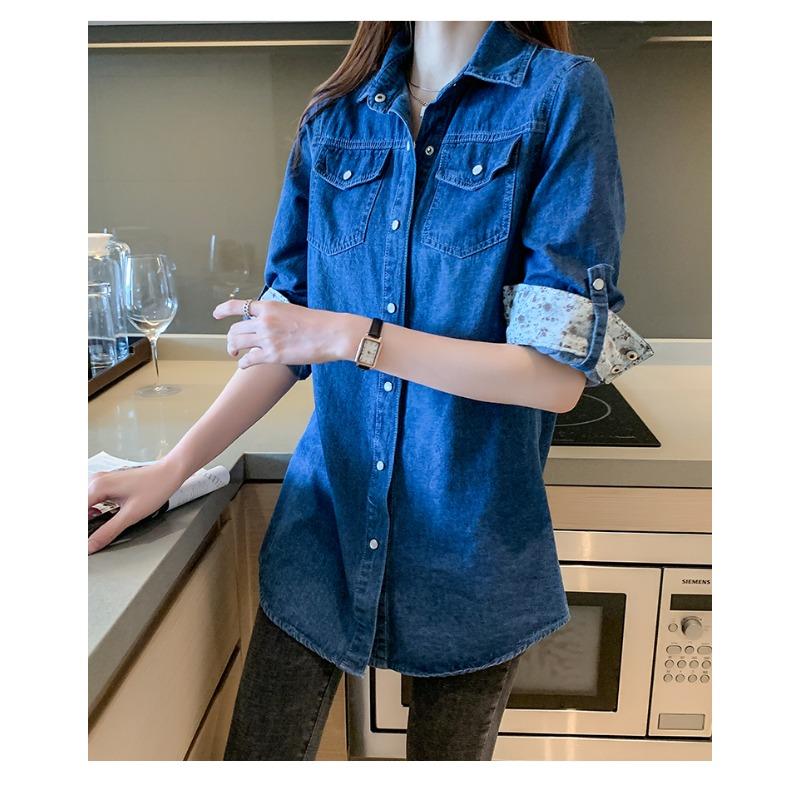 Camicia Casual in Denim a Maniche Lunghe alla Moda da Donna Stile Coreano Ampia Nuova con Rever Primavera e Autunno Ufficio Blusa Lunga Streetwear Top Giacca Abbigliamento