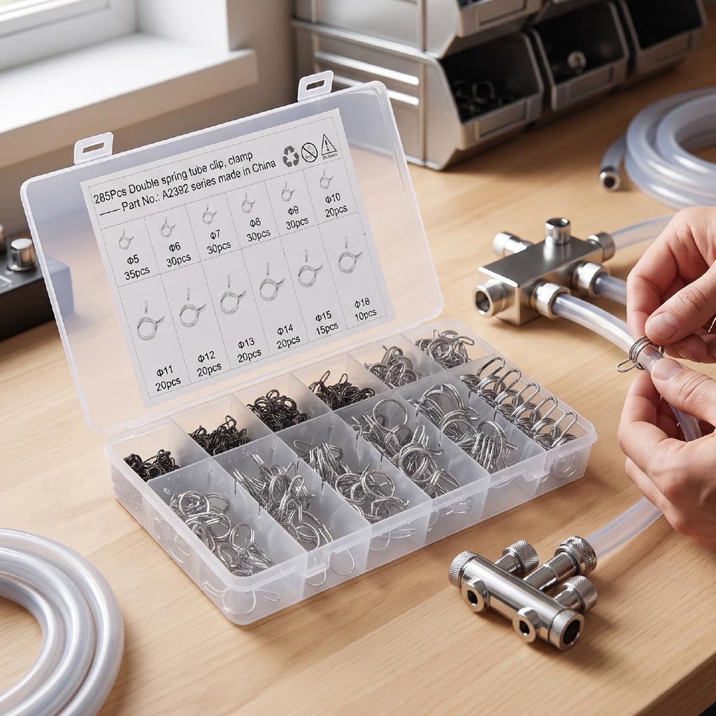 285PCS Double Wire Spring Hose Clamp Stainless Steel Fuel Line Hose Clamps Set for Motorcycle ATV 5 to 14MM