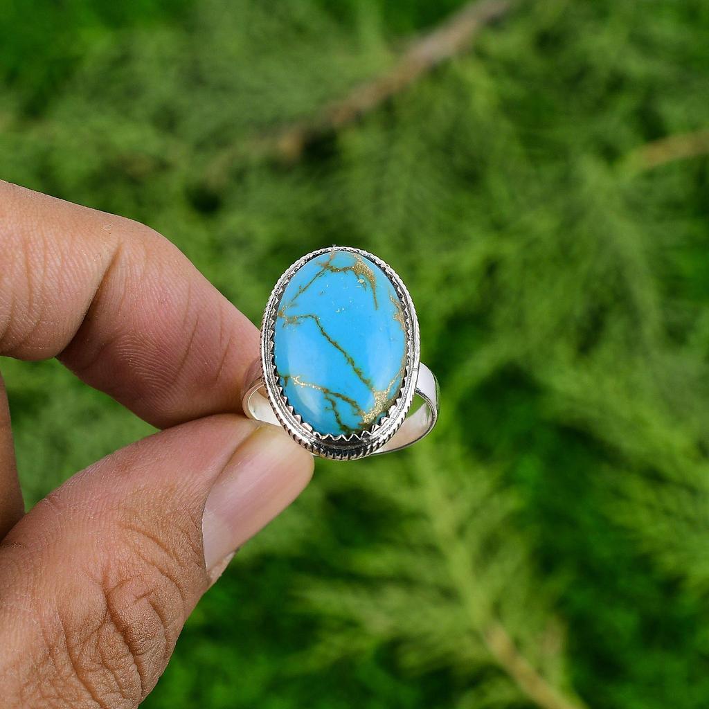 Natural Copper Arizona Turquoise Promise Statement Multi Stone Ring 925 Silver