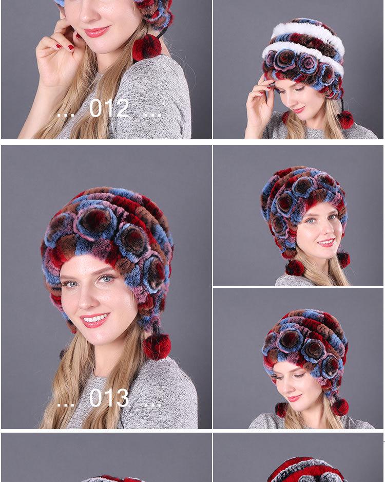 Women's Warm Rex Rabbit Fur Hat with Ear Protection and Pom-Poms
