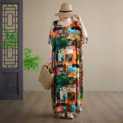 Abito estivo lungo maxi casual ampio da donna taglie forti manica corta cotone floreale vintage nuovo