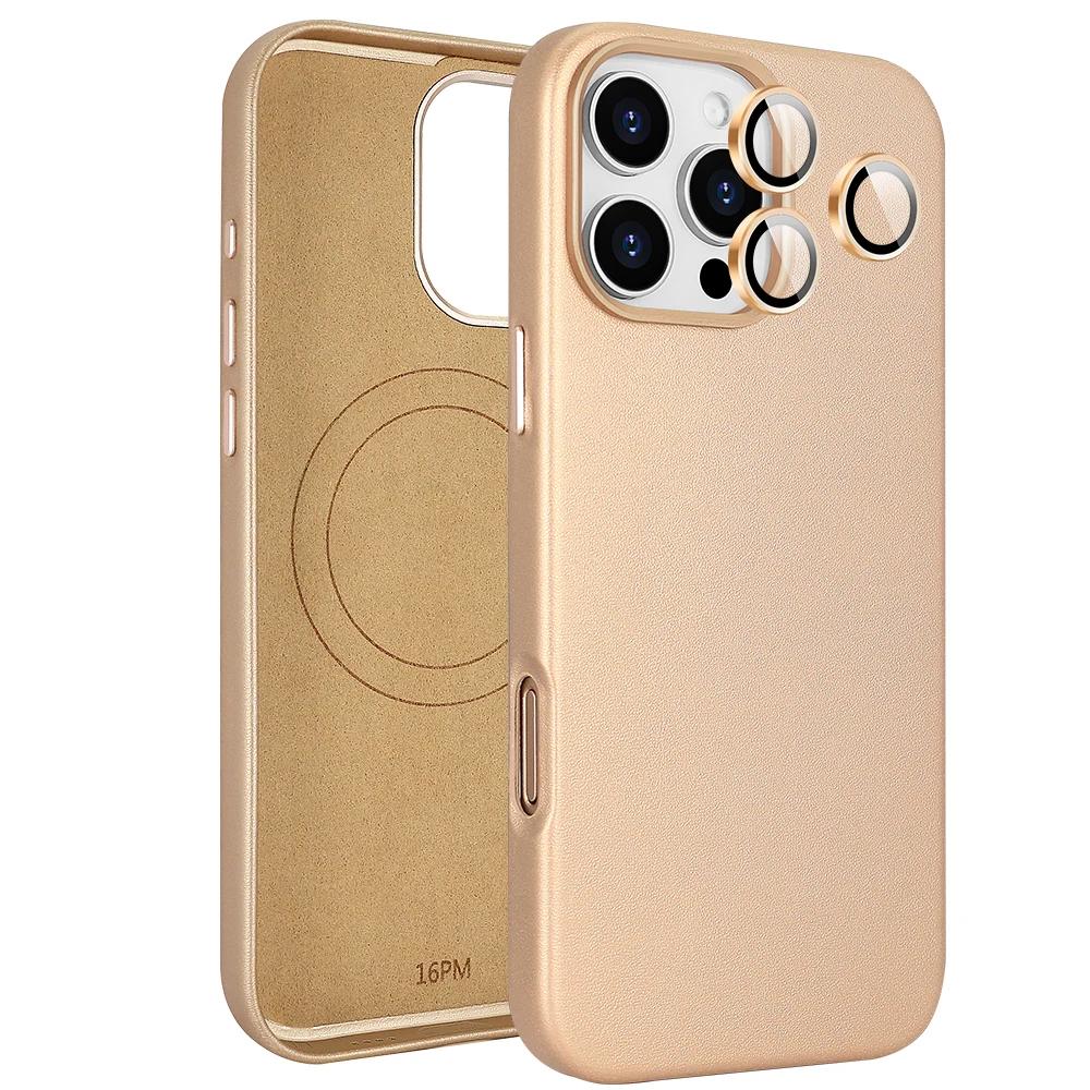 

For iPhone 16 Pro Max Strong Magnetic Plain Leather Case with Camera Lens Protector For iPhone 15 Pro 16 Hard PC Phone Cover For iphone15promax золотий