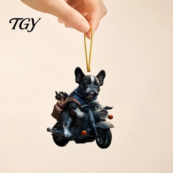 Christmas Party Hanging Decoration Puppy Riding Motorcycle Car Pendant, 2D Flat Acrylic Rearview Holiday Gift for Dog Lovers Mirror Charm,