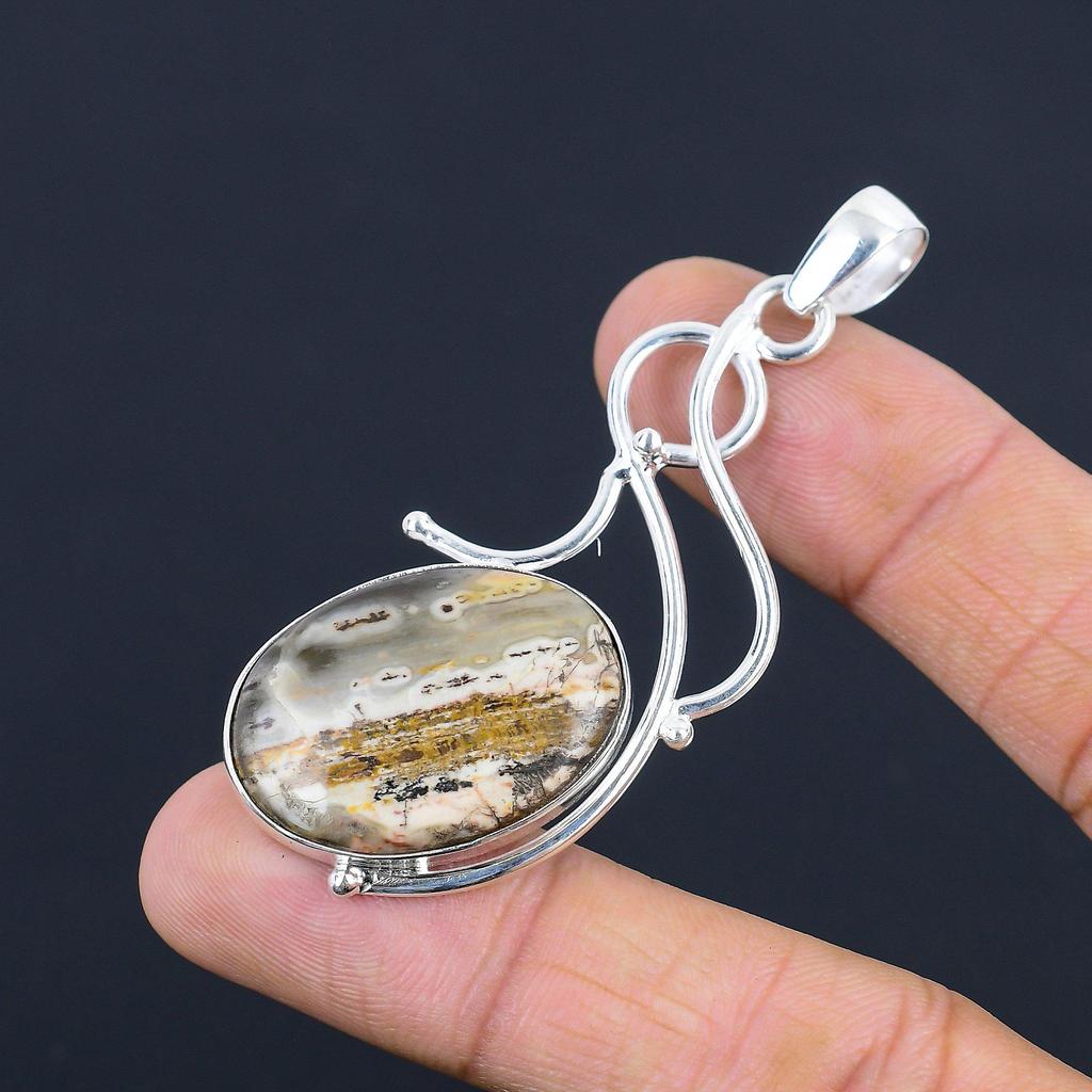 925 Sterling Silver Porcelain Jasper Stone Sister Bezel Wedding Pendant Jewelry