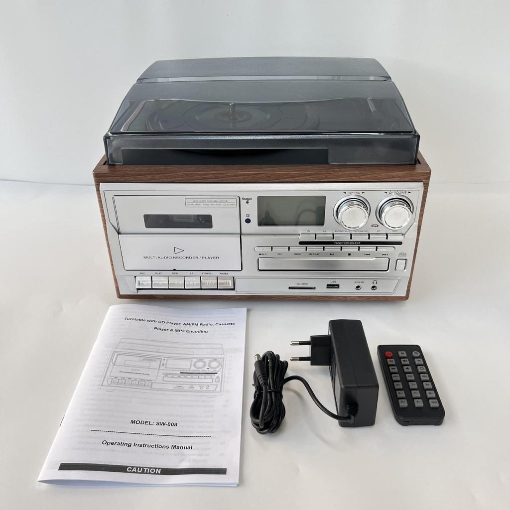 Ten-in-One Retro Vinyl Record Player: Bluetooth Speaker, Radio, Cassette & CD Player, Transcriber – Perfect Gift!