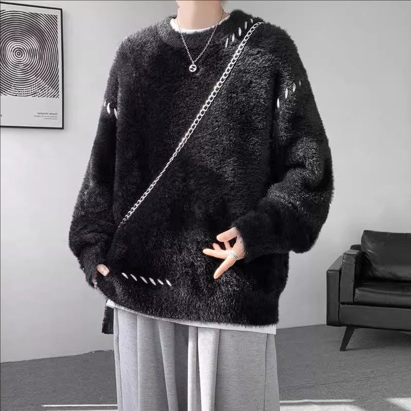 

Basic Solid Color Casual Sweaters Men s Clothing O-Neck Loose Autumn Winter New Stylish Bright Line Decoration Knitted Pullovers XXXL чорний