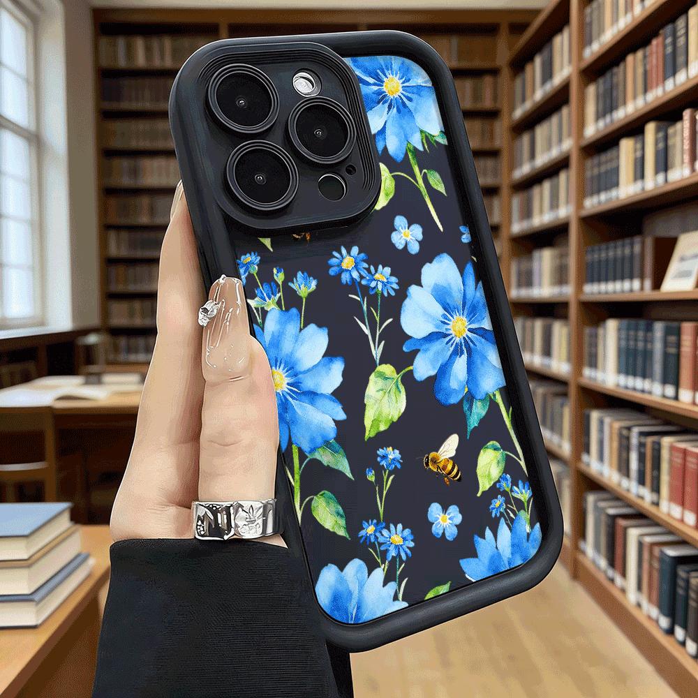 Blue Flowers Bees Pattern Shockproof Soft Phone Case For Xiaomi Redmi Note 15 14 13 12 11 10 9 8 Pro Anti-Slip Anti-Fall Cover
