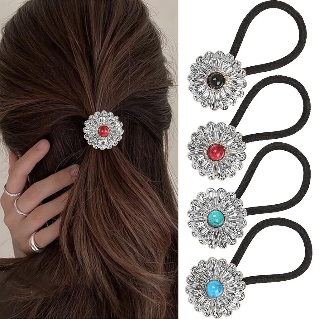 1/4PCS American Western Cowboy Floral Hair Ties Personalized Retro Turquoise Hairband Alloy Flower Scrunchies Headpiece Headwear