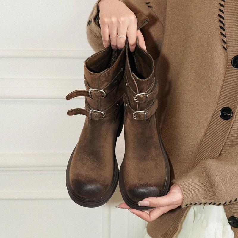 Sheepskin version~ retro polished belt buckle western cowboy boots slim short boots women's Maillard Martin boots locomotive boots