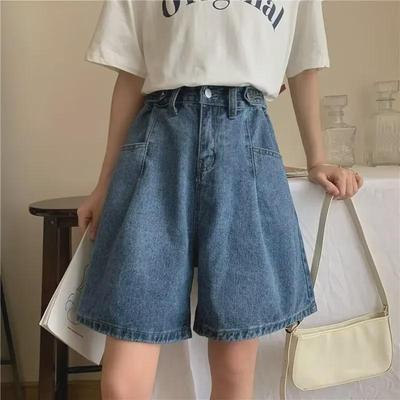 Sommer-Jeansshorts für Damen mit hoher Taille und lockerer Passform - schmal, weites Bein, fünfzackiger koreanischer Stil