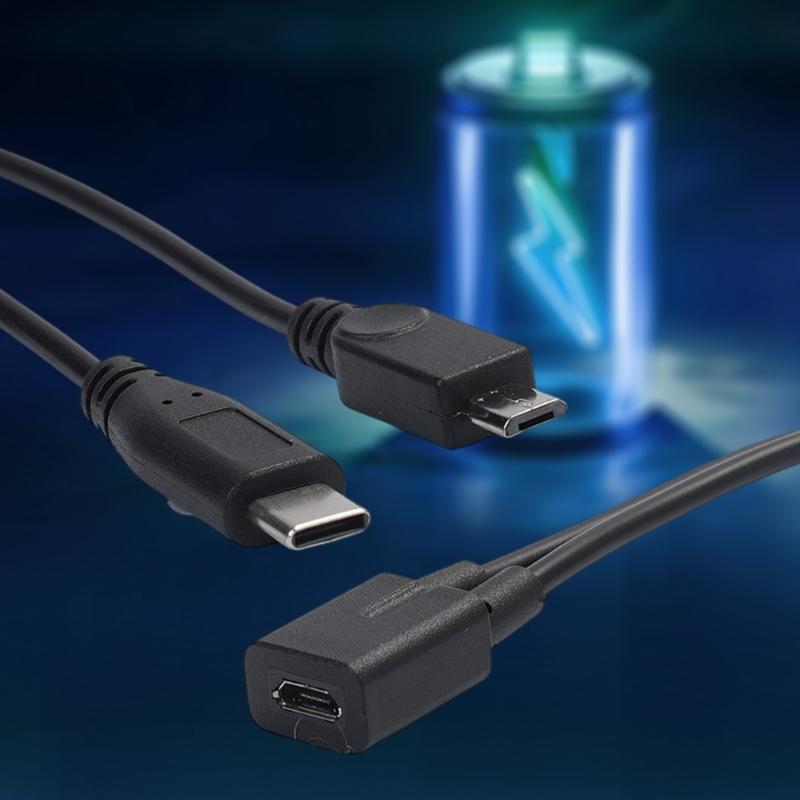 Double  Output Charging Cable Tiny  USB Female Input & Type C Male Plus Tiny  USB Male Outputs 27cm for Phones & Tablets