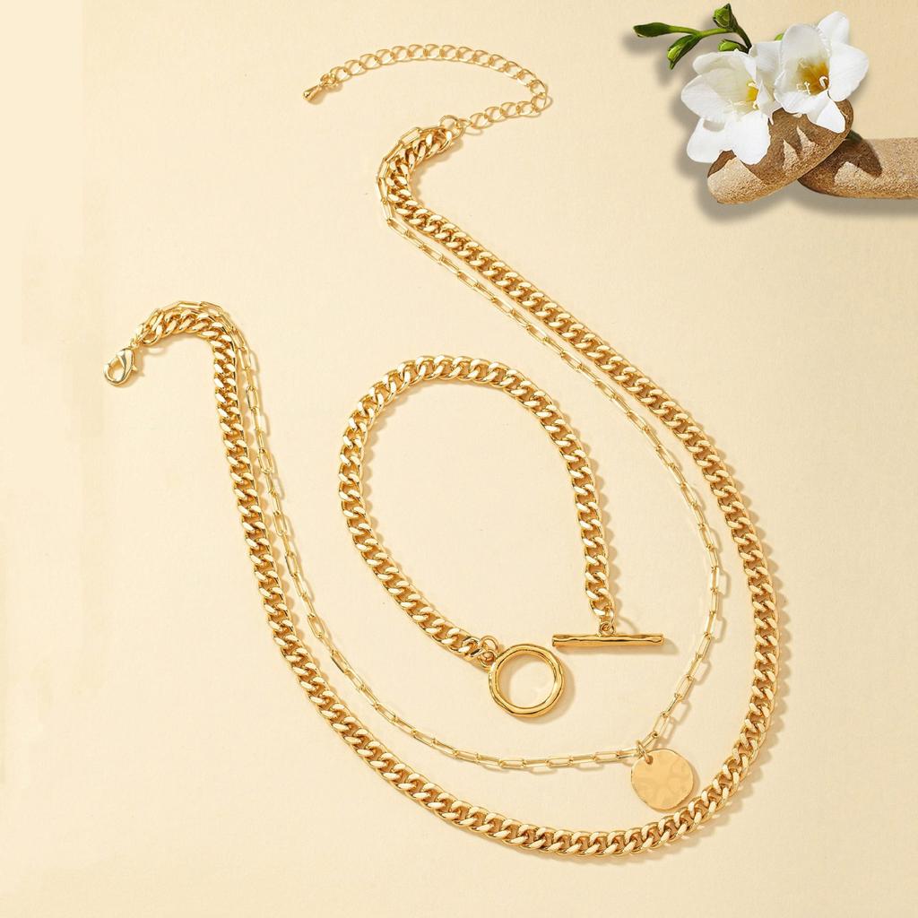 A Set of 2 Multi-layer Buckle Disc Pendants, Chain Necklaces, and 1 Bracelet Set Are Suitable for Women and Girls Parties.