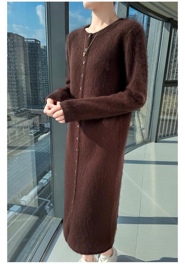 Women's Mink Cashmere Cardigan - Round Neck, Long Sleeve, Soft, Fluffy, Loose Fit, Mid-Length Knit Wool Sweater for Autumn/Winter.