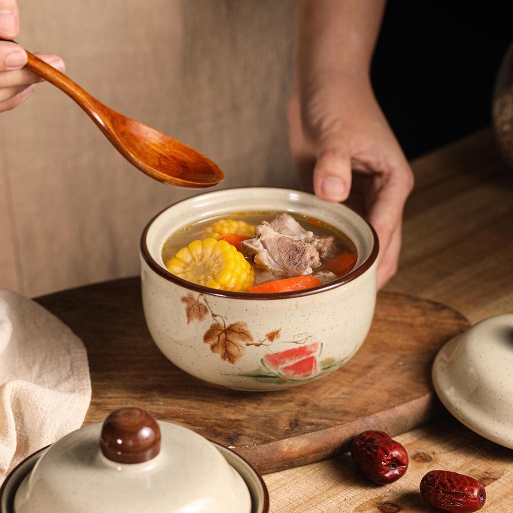 Chinese Retro Ceramic Single-Serve Stew and Soup Pot with Lid