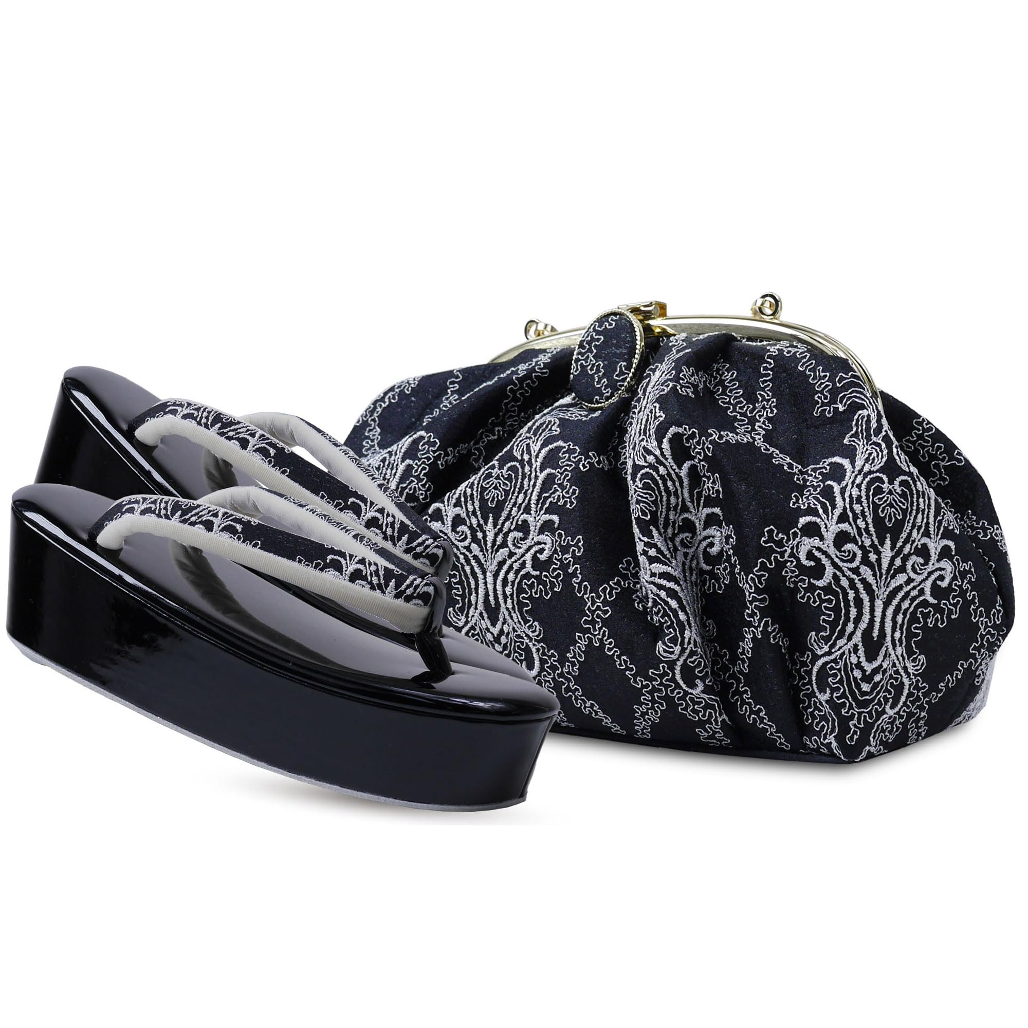 

Zori Bag Coming of Age Heeled Thick Visiting Modern [NISHIORI] Set, Ceremony, Furisode, Saori, Zori, Black, White, Sole, Wedding, Wear, Pouch,