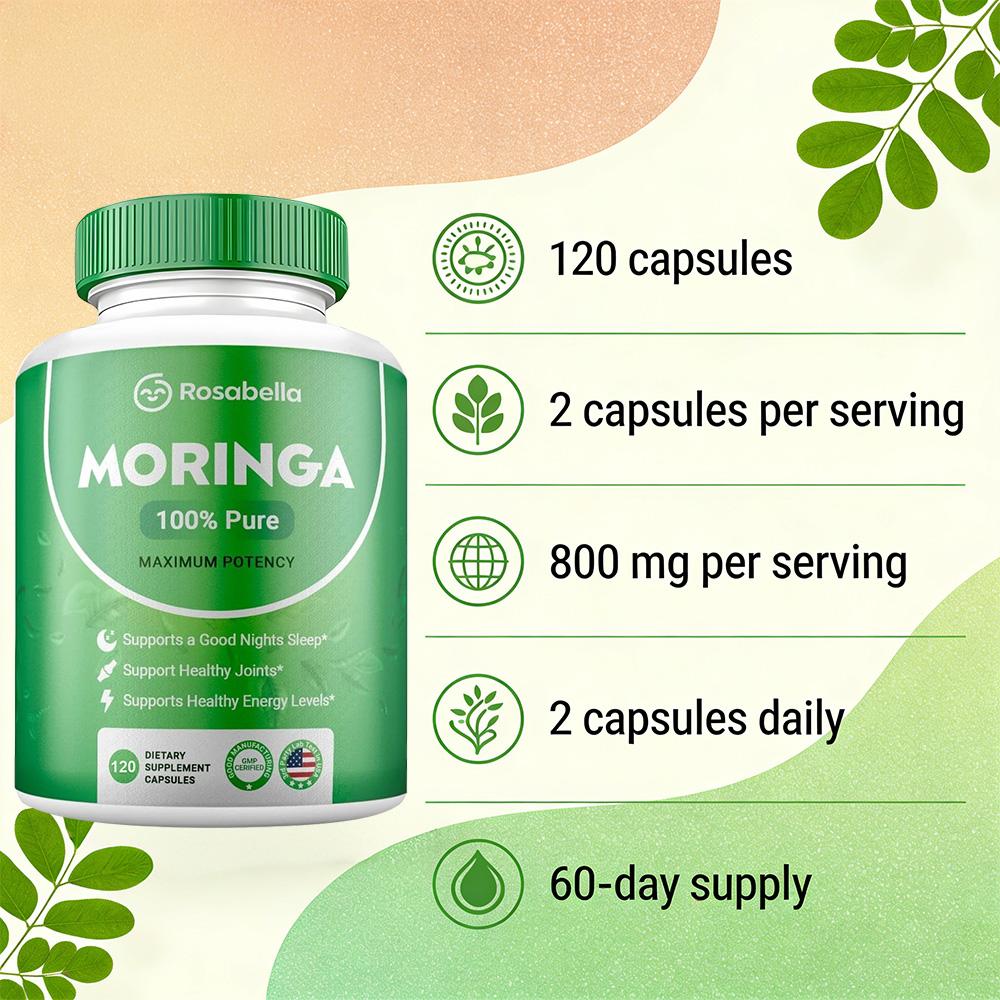 Rosabella Pure Moringa, Maximum Potency, Moringa Oleifera Leaf Supplement, 60 Capsules