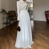 Cross-border European and American Women's Clothing Light Blue Solid Color Boat Collar Long-sleeved Waist Top Casual Pleated Skirt Set