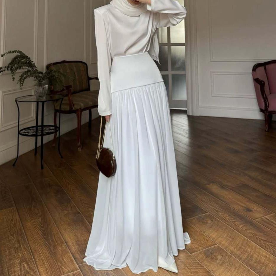 Cross-border European and American Women's Clothing Light Blue Solid Color Boat Collar Long-sleeved Waist Top Casual Pleated Skirt Set
