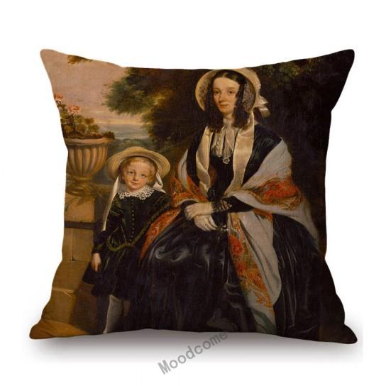 Royal Ancient European Elegant Madame Lady Princess Family Party Portrait Oil Painting Decorative Pillow Sofa Cushion Cover
