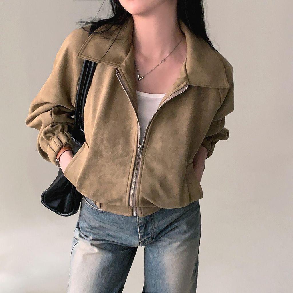 Koreanische Schicke Retro Wildleder Taillenbetonende Kurze Jacke
