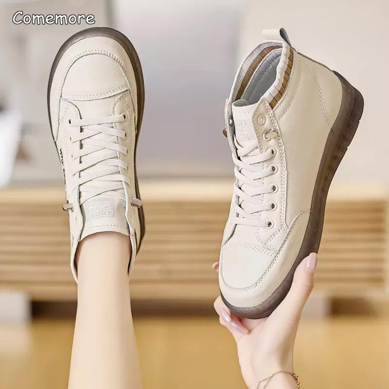 MODA popularne jesienne buty codzienne damskie wysokie trampki wulkanizowane buty modne buty z okrągłym noskiem 2024 nowe damskie skórzane trampki 41