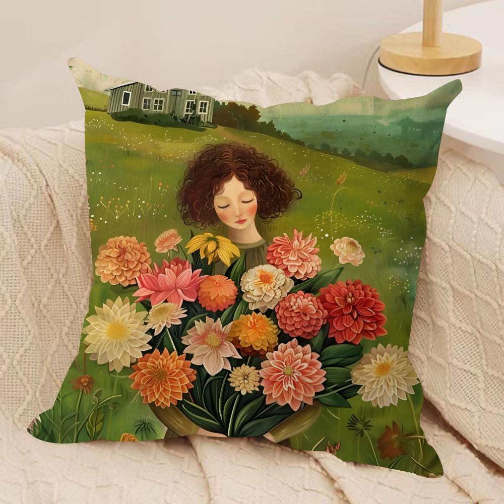 The girl is holding flowers Cushion Cover Soft Plush DoubleSided Printed Sofa Pillow Cushion Cover  Cozy AllSeason Decor Gift