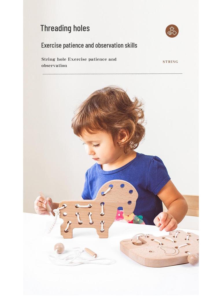 Beech Wood Chewable Stringing Toys for Toddlers - Unpainted Cognitive Puzzle Blocks