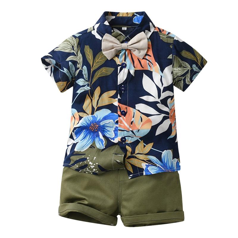 

Летний костюм для мальчиков 1–6 лет, рубашка с бантом на пуговицах с цветочным принтом и шорты, наряд из двух предметов 100