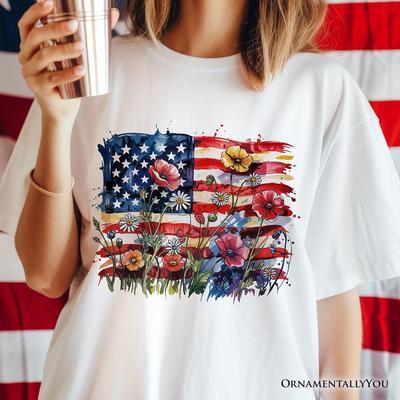 American Flag Floral Wildflower T-and Kids Tshirt, Patriotic Boho USA 4th of July Tee