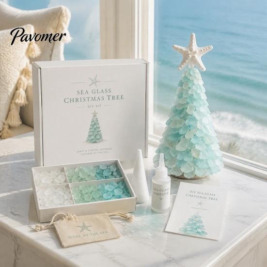 Sea Glass Art Projects for Adults DIY Christmas Tree Kit, 3D Coastal Xmas Craft Kit Creative Relaxing Holiday Activities with Pieces, Handmade